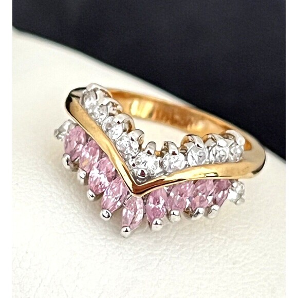 Vintage Ring Size 9 Pink Cubic Zirconia Accents 14K Gold Plate Mid-Century 14V - Picture 3 of 6